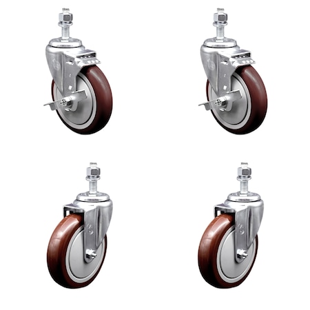 Service Caster 5 Inch SS Maroon Polyurethane Swivel 12mm Threaded Stem Caster Brake, 2PK SSTS20S514-PPUB-MRN-TLB-M1215-2-S-2